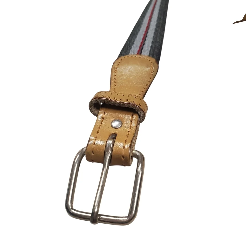 Canvas And Leather Belt. Gray, Red, & Tan. Silver Hardware. 40